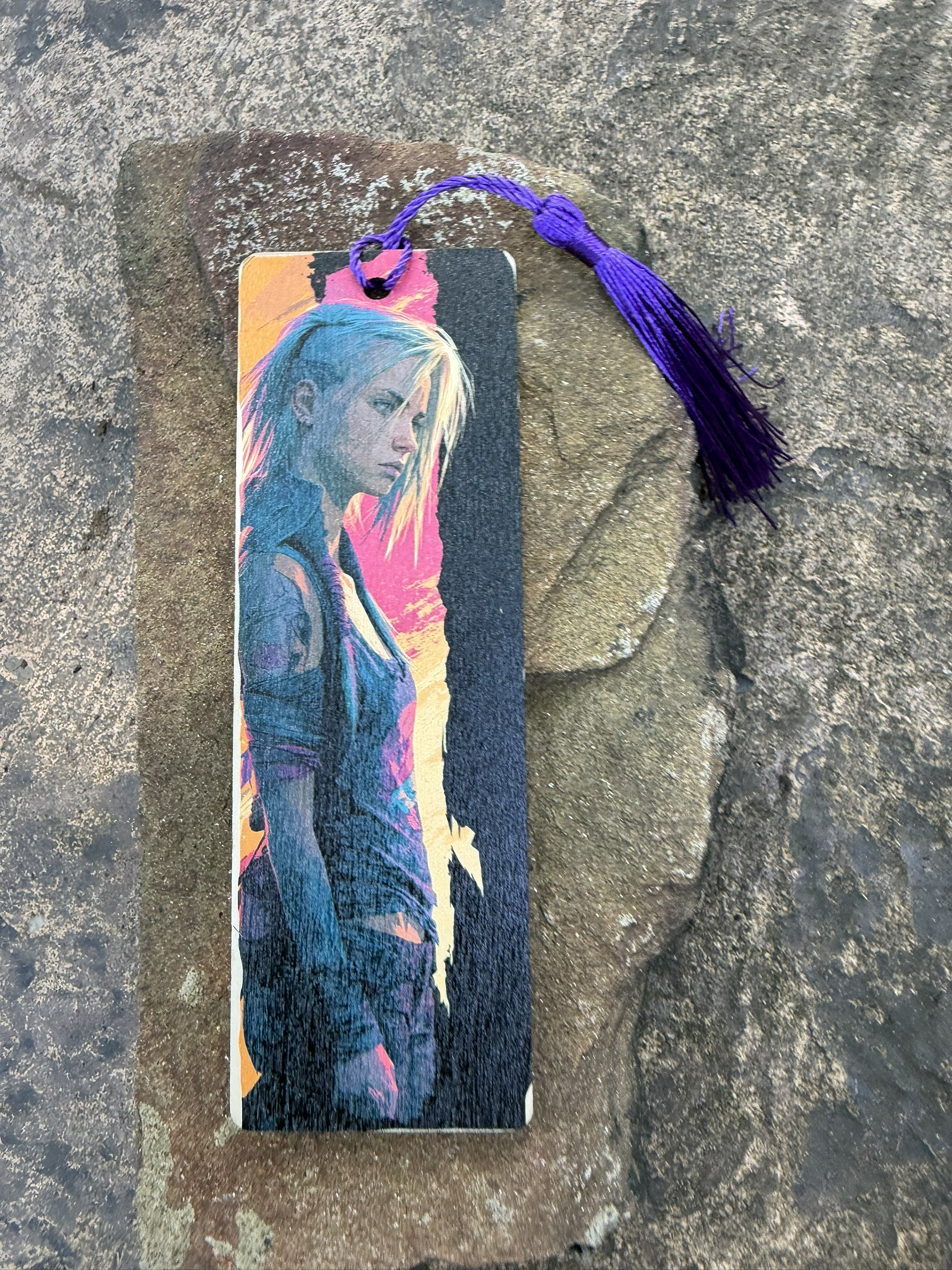 Cyberpunk Wood Bookmark – Double-Sided UV Print with Tassel Cord – Design 07