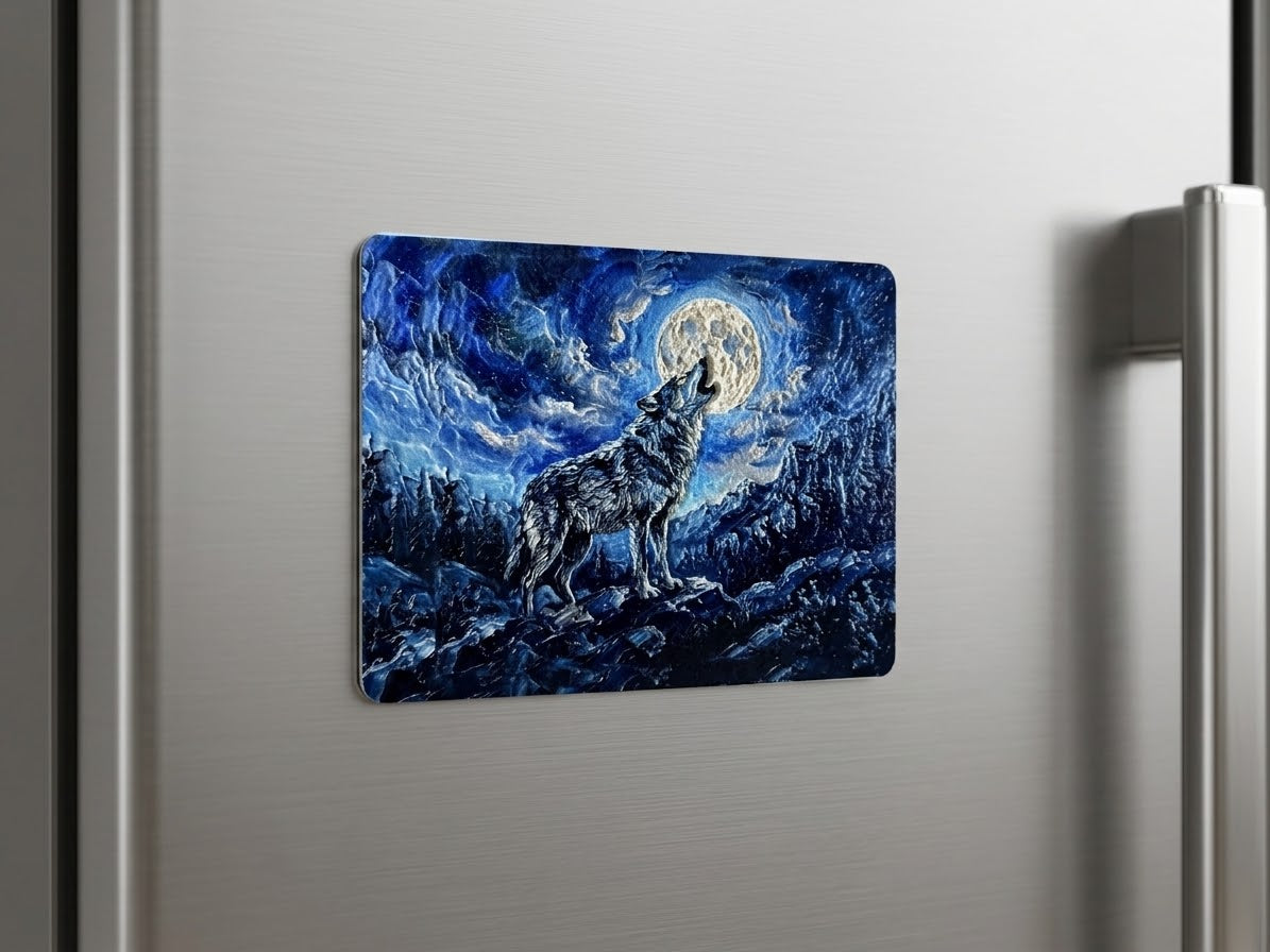 Howling Wolf Moon Fridge Magnet | Lasered Moon