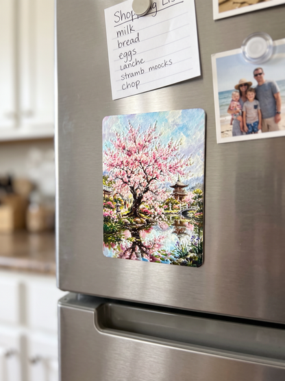 Japanese Cherry Blossom Garden Fridge Magnet | Textured Impasto Art | Lasered Moon