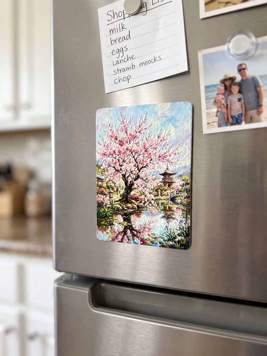 Japanese Cherry Blossom Garden Fridge Magnet | Textured Impasto Art | Lasered Moon