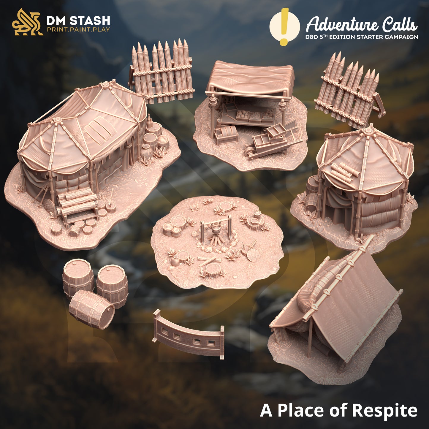 Set of miniature game pieces for a tabletop game, including buildings and furniture, with 'DM Stash' and 'Adventure Calls' branding.