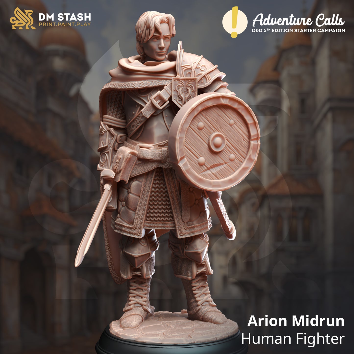 Wax figure of a warrior with shield and sword, labeled 'Arion Midrun Human Fighter', against a blurred background.