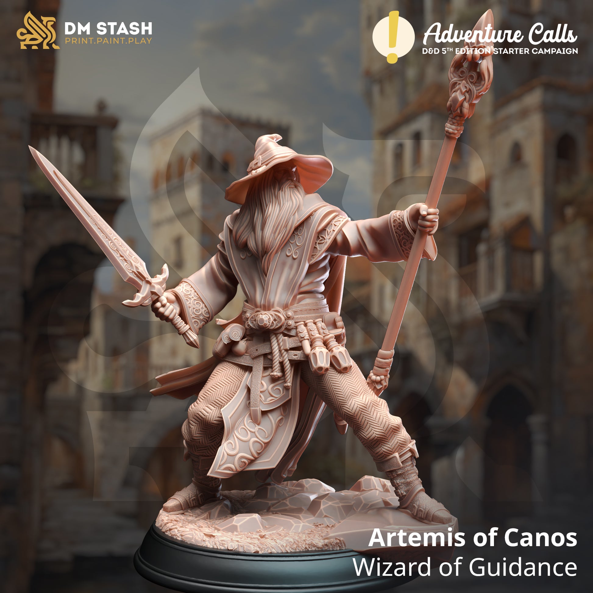 Statue of a wizard with a sword and staff in a fantasy setting, featuring 'DM Stash' and 'Adventure Calls' branding.