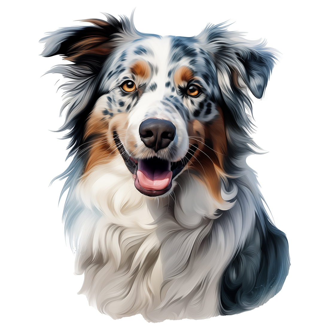 A vinyl sticker depicting an Australian Shepherd dog with a smile, featuring a colorful coat and expressive eyes.