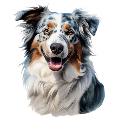 A vinyl sticker depicting an Australian Shepherd dog with a smile, featuring a colorful coat and expressive eyes.