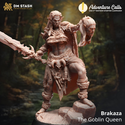 Model of a goblin queen with armor and weapon, set against a forest background.