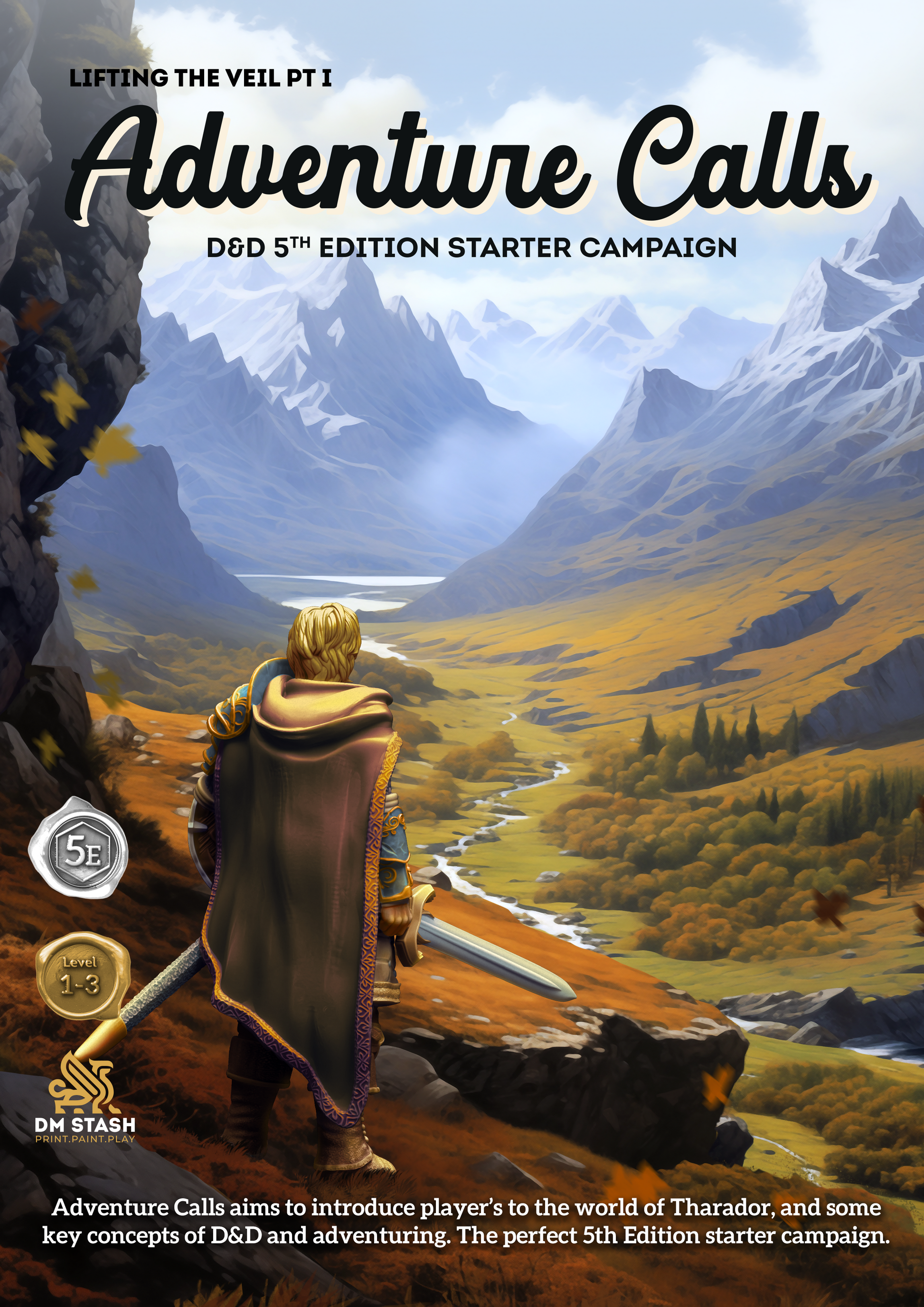 Cover of 'Adventure Calls' starter campaign for D&D 5th Edition with a mountainous landscape and character.