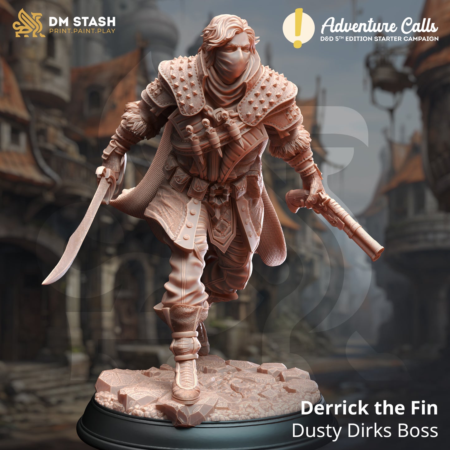 Warrior figurine with weapons on a stand, featuring 'DM Stash' and 'Adventure Calls' logos.