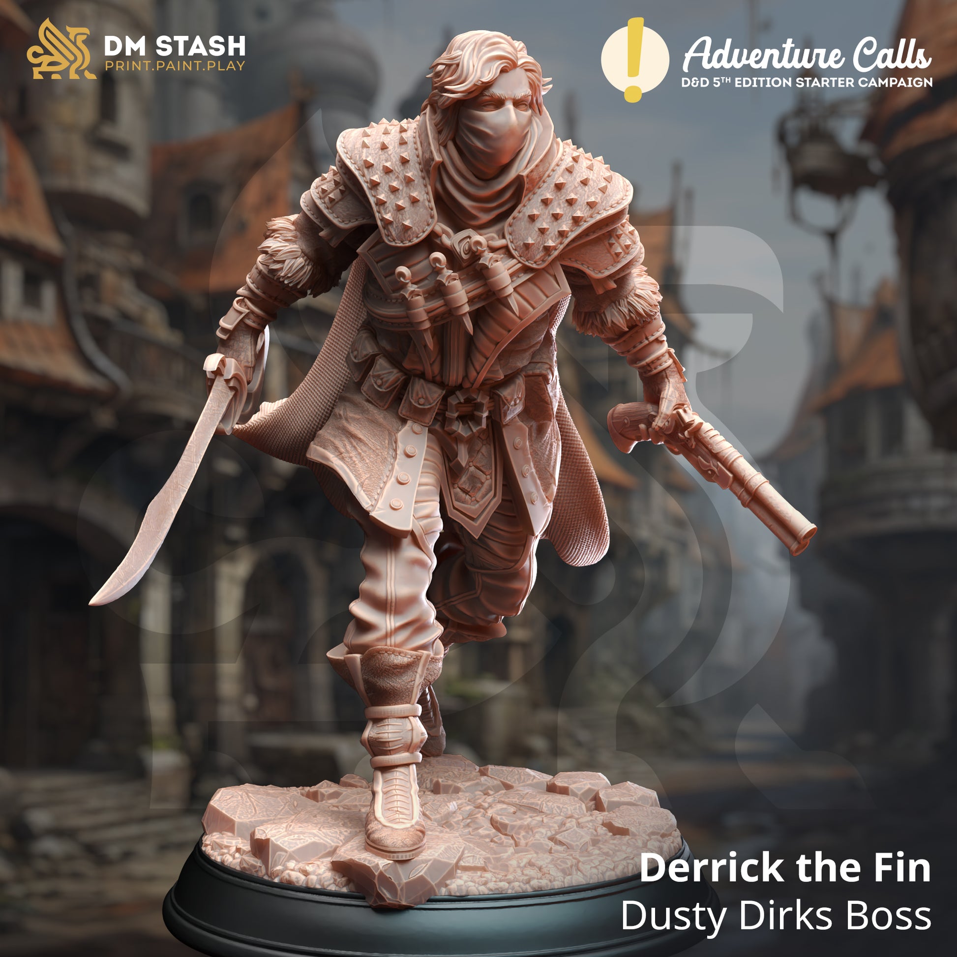 Warrior figurine with weapons on a stand, featuring 'DM Stash' and 'Adventure Calls' logos.