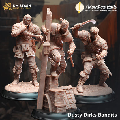 Three dusty figurines of bandits on stands with 'DM Stash' and 'Adventure Calls' branding.