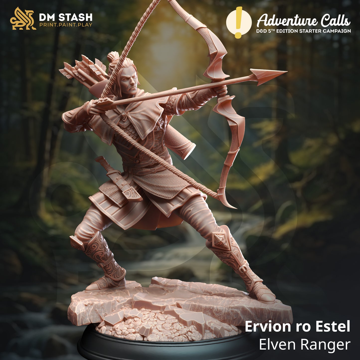 Elven ranger figurine with bow and arrow on a stone platform, set against a forest background.