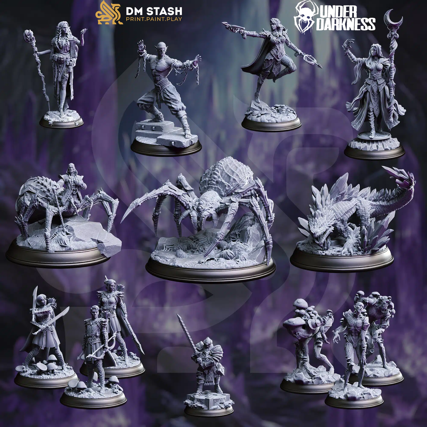Collection of miniature figurines on a dark background with 'Underdarkness' branding.