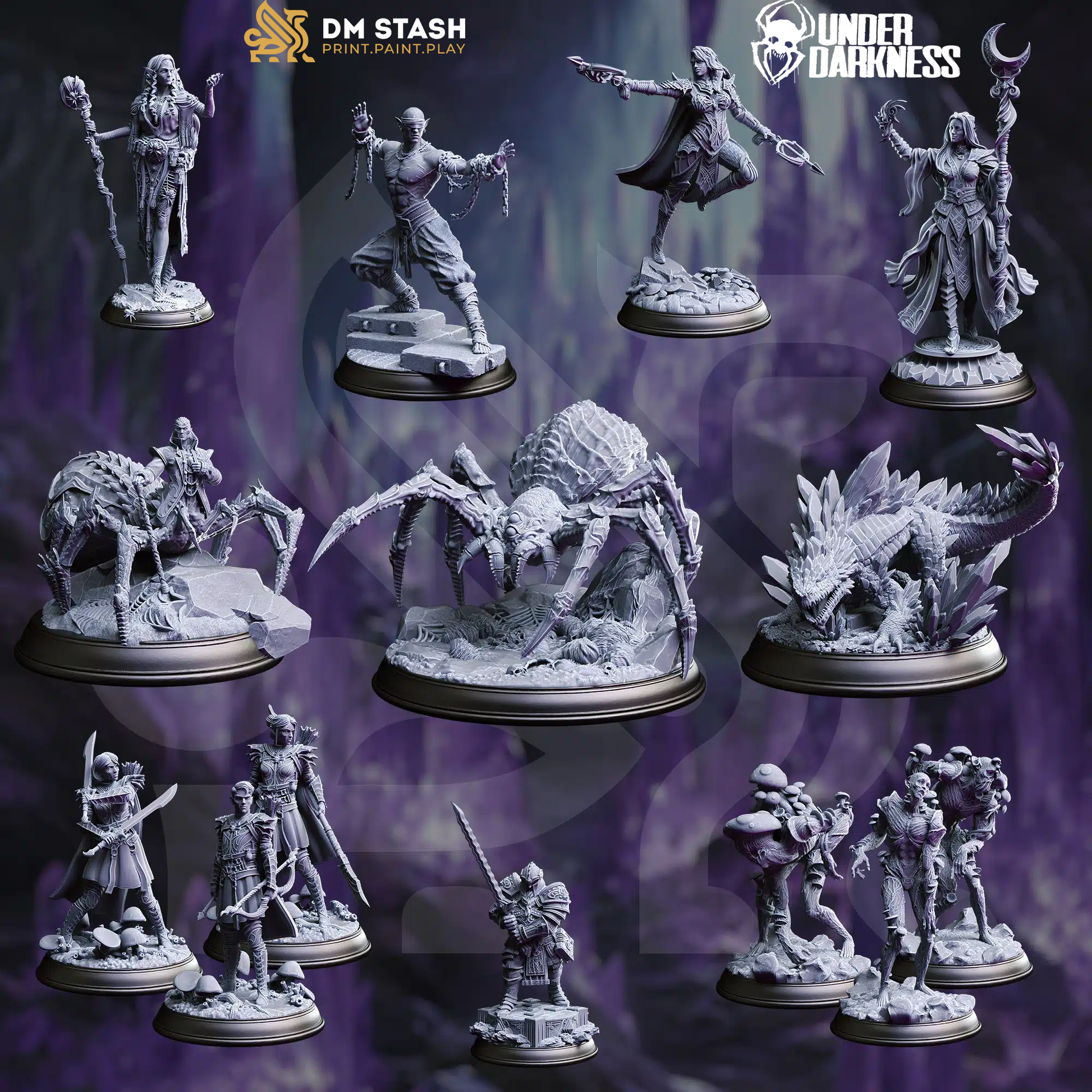 Collection of miniature figurines on a dark background with 'Underdarkness' branding.