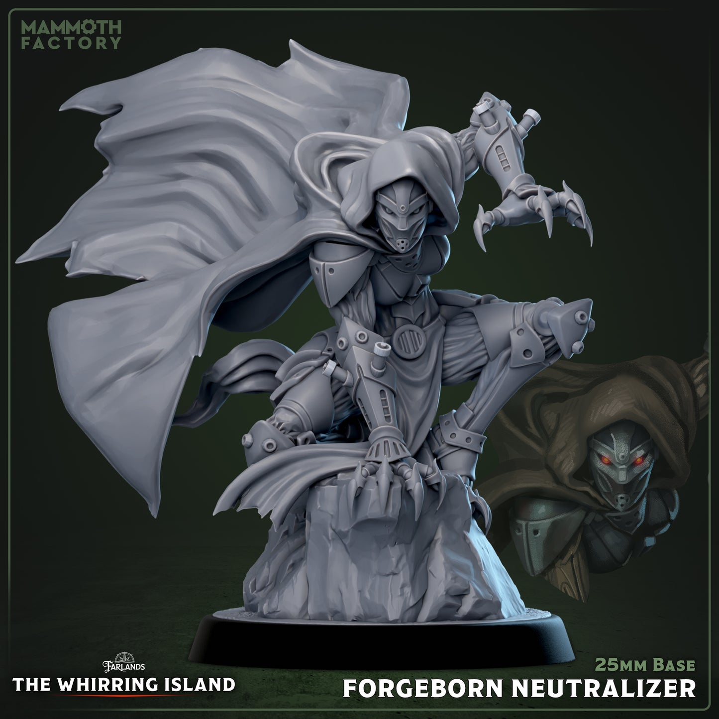 Gray miniature figurine of a character from 'The Whirling Island' with 'Mammoth Factory' branding.