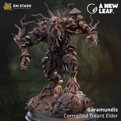 Garamundis Corrupted Treant Elder figurine with 'DM Stash' and 'A New Leaf' branding on a dark background.