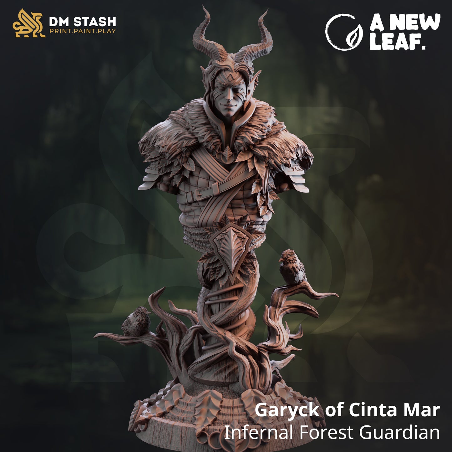 Statue of a fantasy character named Garyck of Cinta Mar, an Infernal Forest Guardian, with 'DM Stash' and 'A New Leaf' branding.