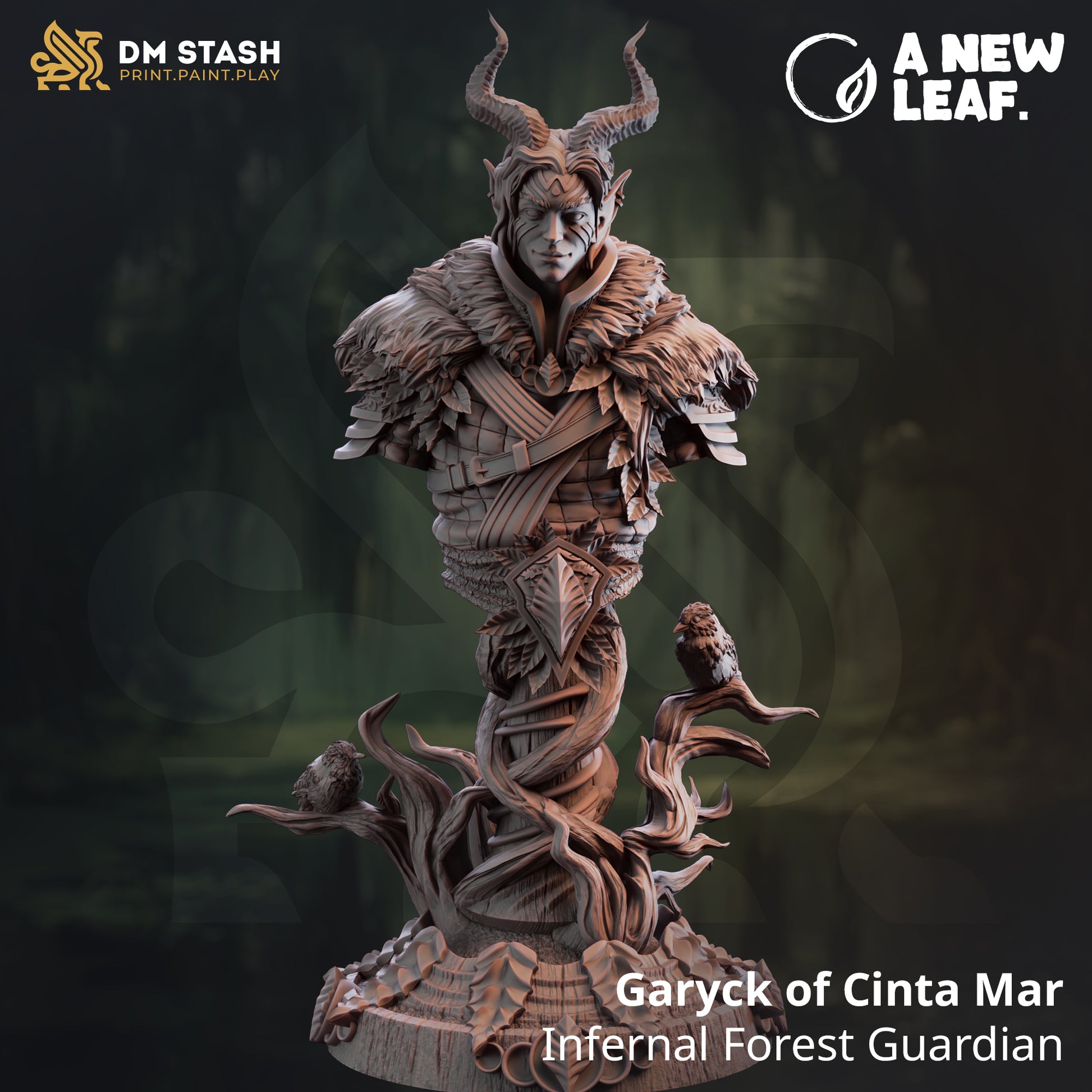 Statue of a fantasy character named Garyck of Cinta Mar, an Infernal Forest Guardian, with 'DM Stash' and 'A New Leaf' branding.