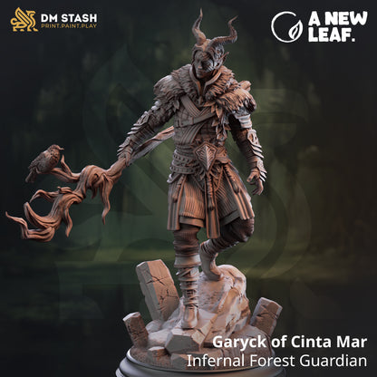 Statue of a fantasy character labeled 'Garyck of Cinta Mar, Infernal Forest Guardian' with branding for DM Stash and A New Leaf.