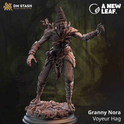 Statue of a character named Granny Nora, labeled as a 'Voyeur Hag', with 'DM Stash' and 'A New Leaf' branding.