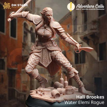 Statue of a Water Elemi Rogue from a fantasy setting with 'DM Stash' and 'Adventure Calls' branding.