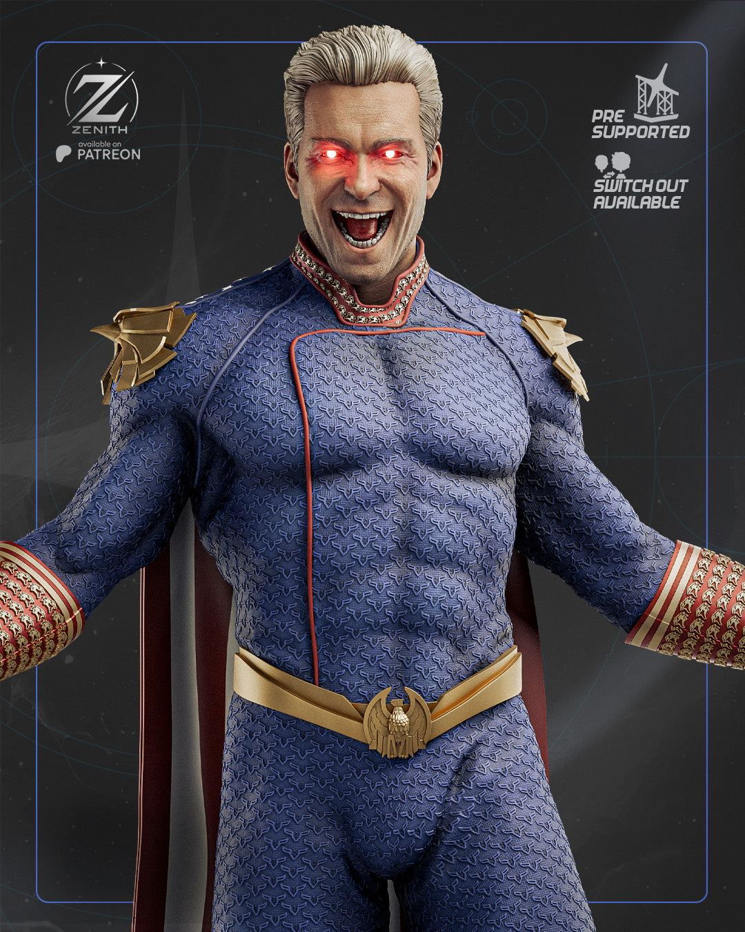 Superhero character in blue suit with red eyes on a dark background.