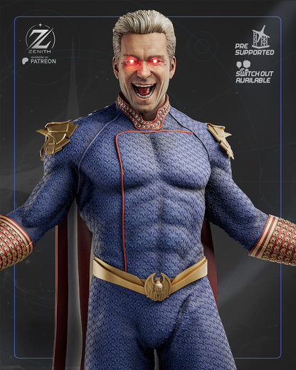 Superhero character in blue suit with red eyes on a dark background.