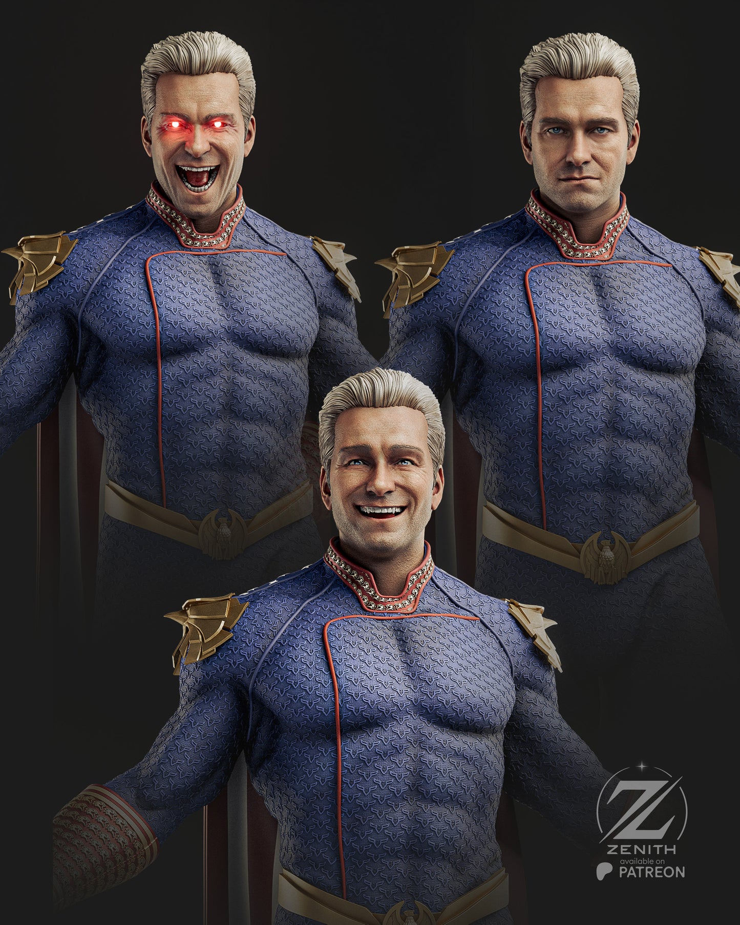 Three poses of a character in a blue superhero costume with a dark background
