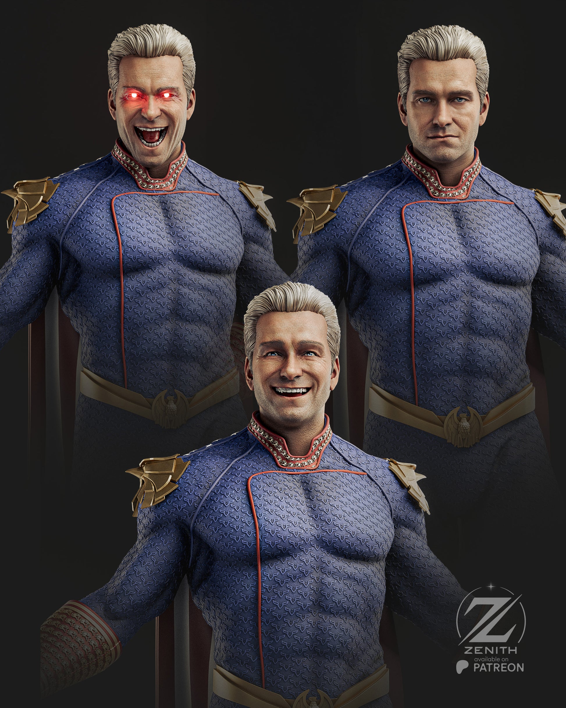 Three poses of a character in a blue superhero costume with a dark background