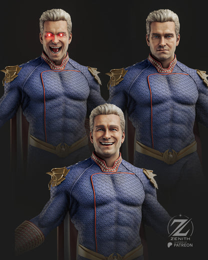 Three poses of a character in a blue superhero costume with a dark background