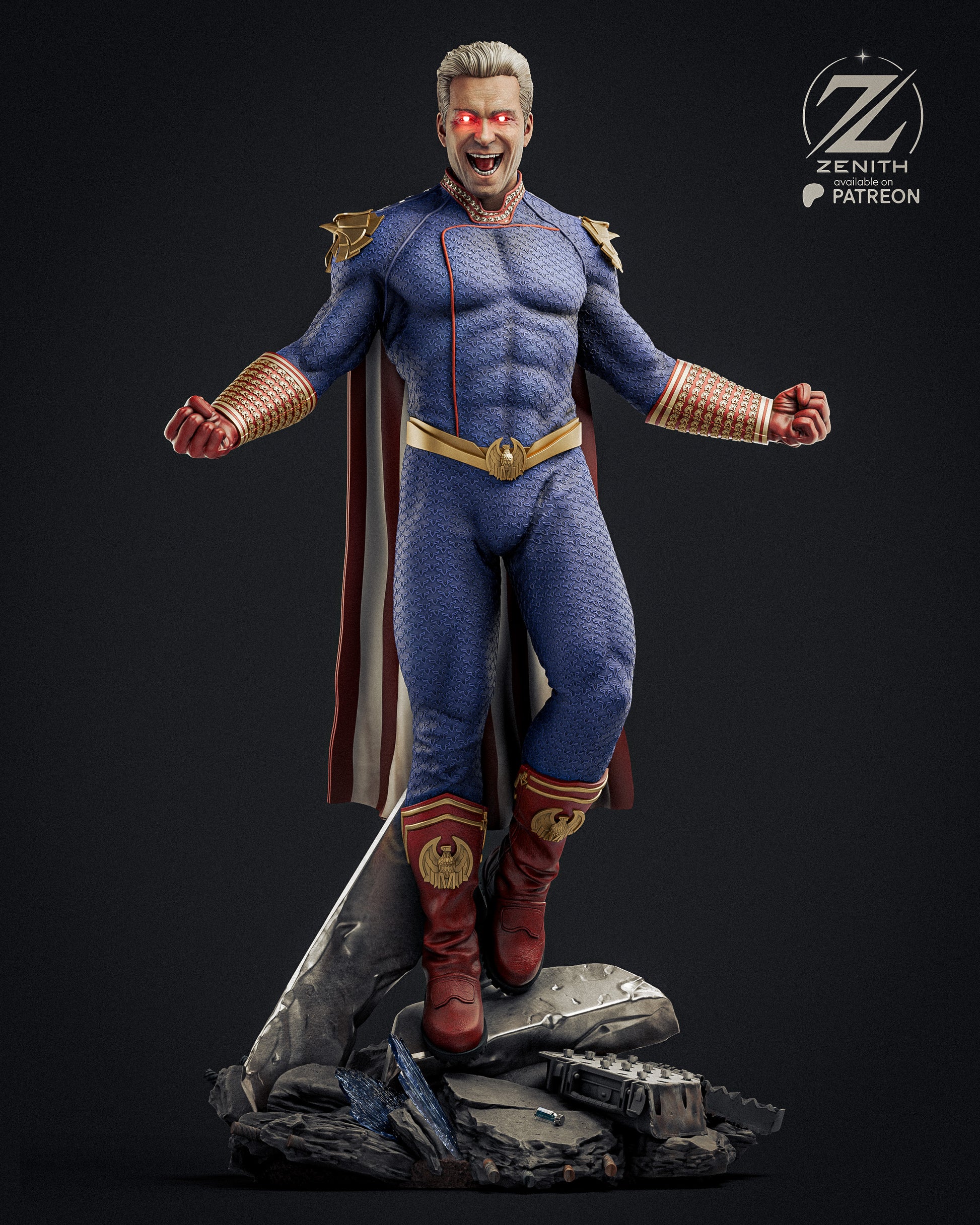 Superhero figure with blue suit and red cape on a dark background