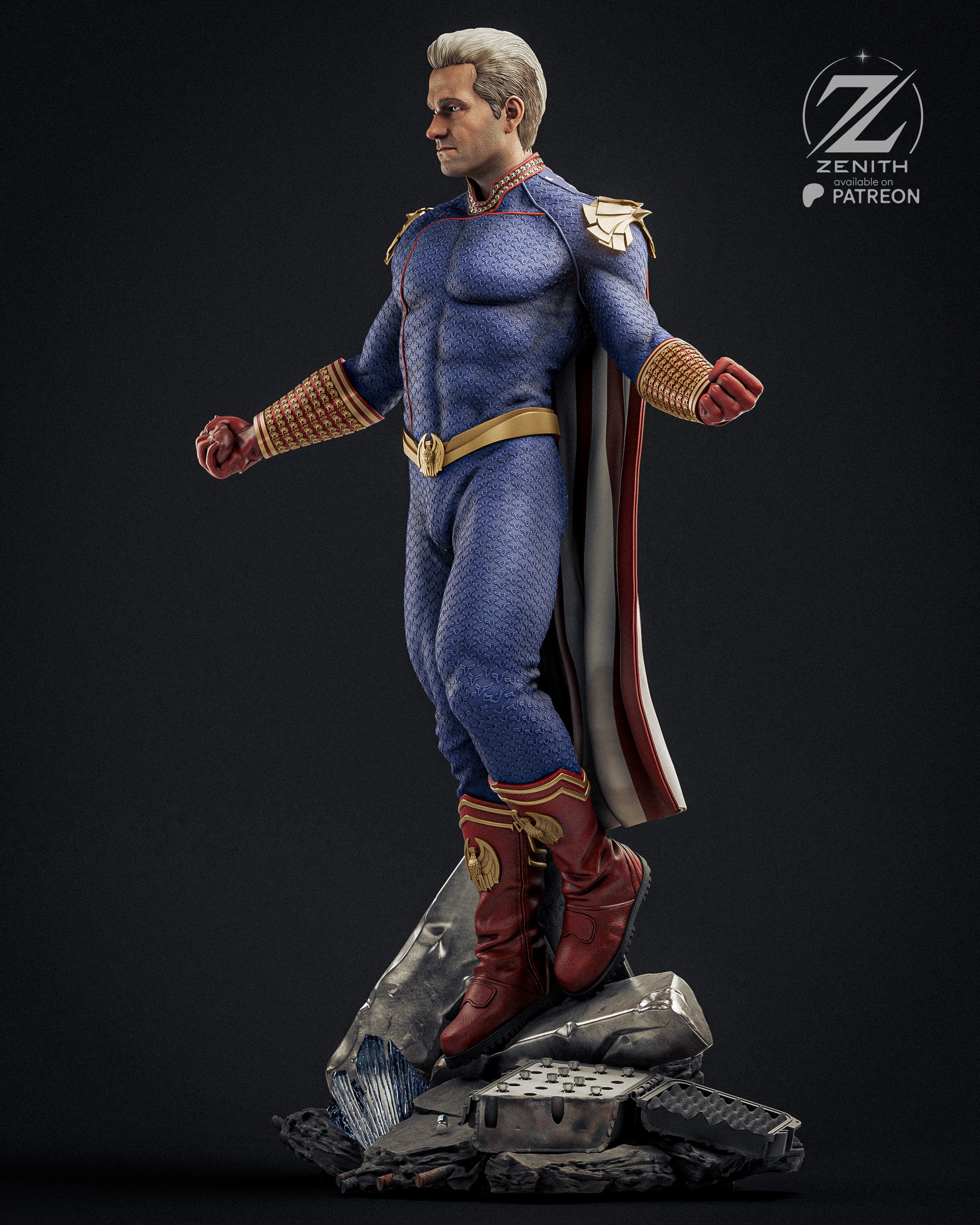 Superhero figurine in blue costume with cape on a dark background