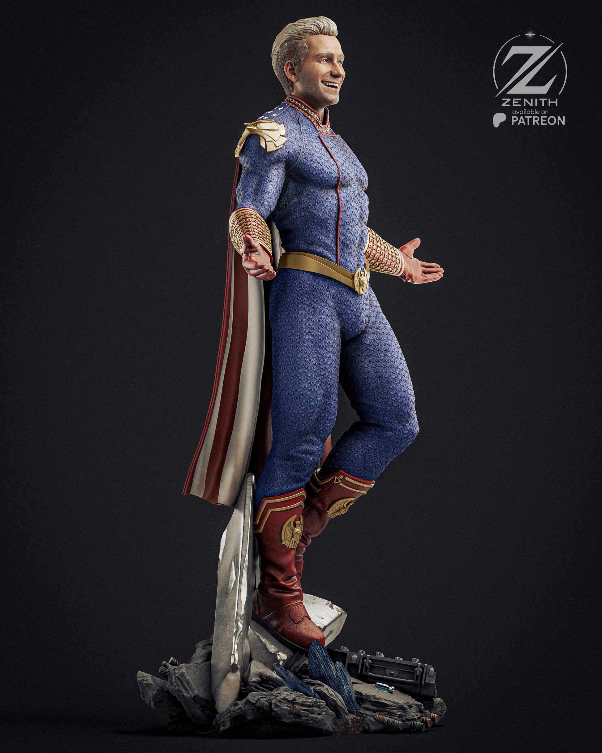 Superhero figure in blue costume with cape and boots on a dark background