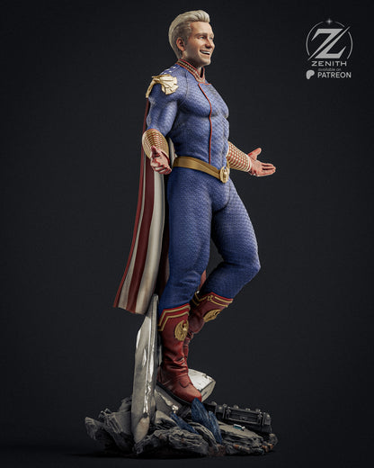 Superhero figure in blue costume with cape and boots on a dark background