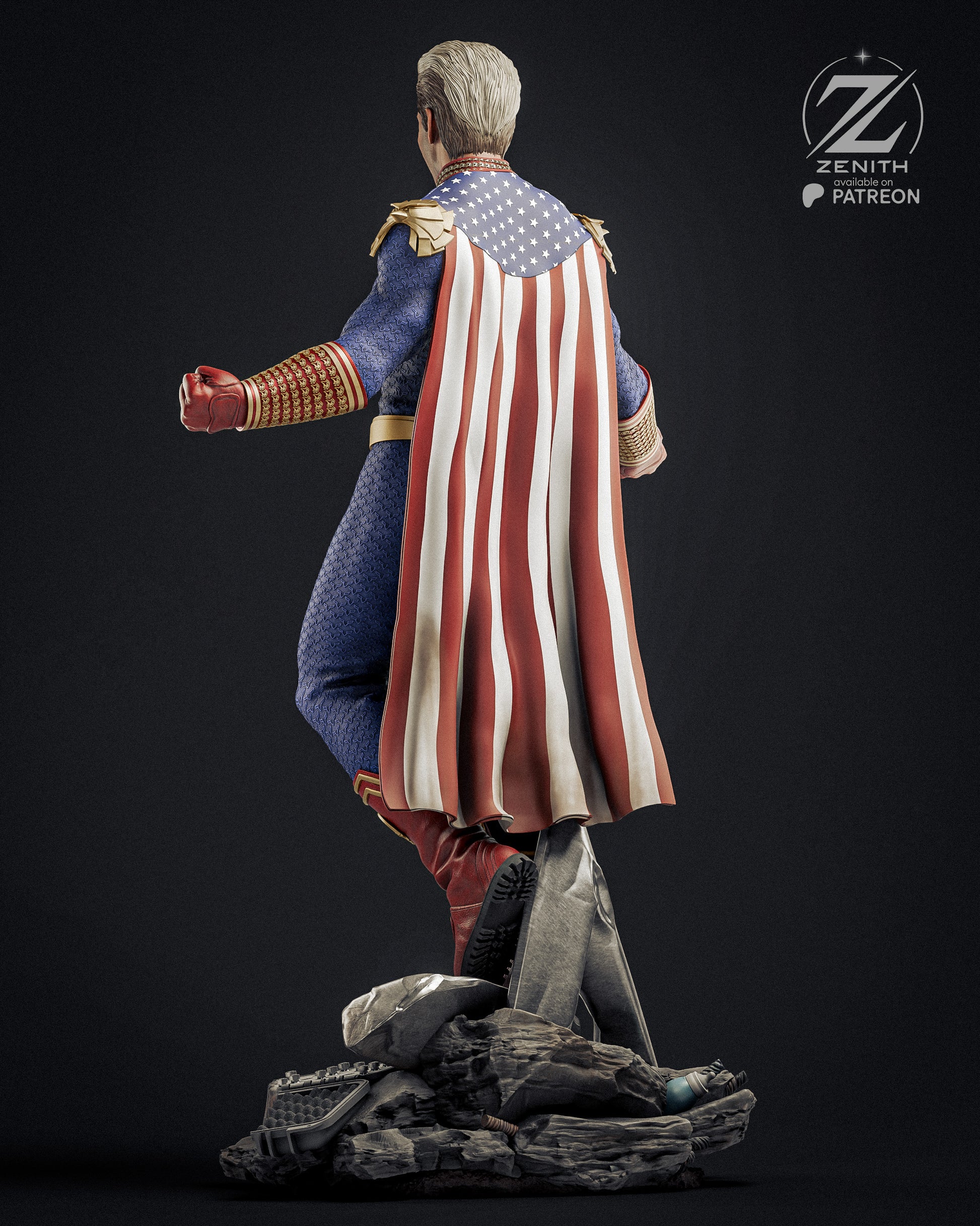 Statue of a figure with an American flag cape on a dark background, featuring the 'Zenith Patreon' logo.