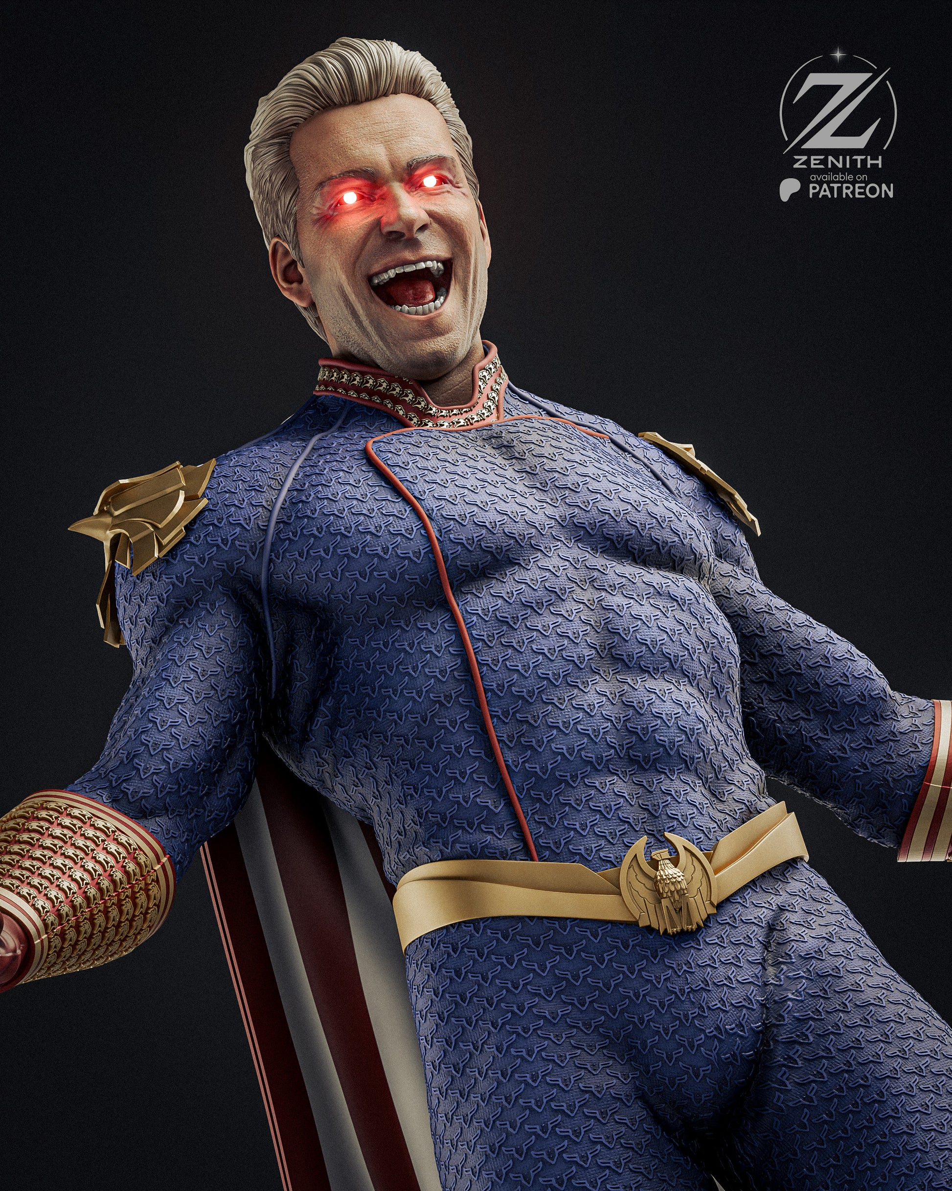 Superhero figure with red glowing eyes and a dark background