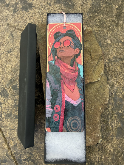 Cyberpunk Wood Bookmark – Double-Sided UV Print with Tassel Cord – Design 04