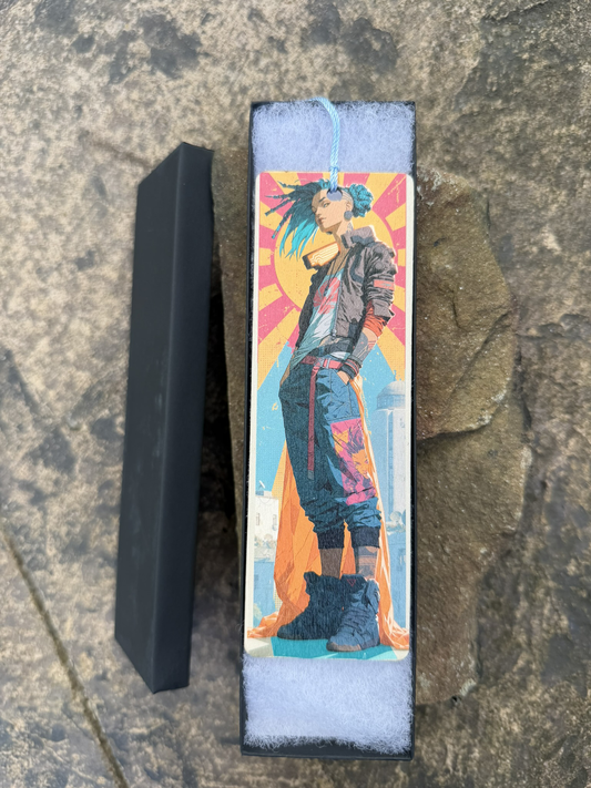 Cyberpunk Wood Bookmark – Double-Sided UV Print with Tassel Cord – Design 06