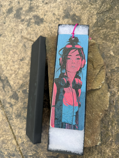 Cyberpunk Wood Bookmark – Double-Sided UV Print with Tassel Cord – Design 05