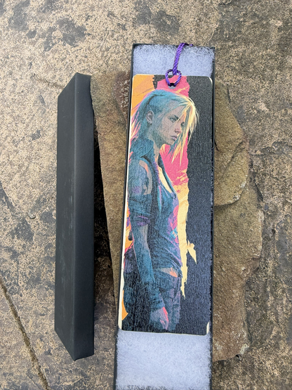 Cyberpunk Wood Bookmark – Double-Sided UV Print with Tassel Cord – Design 07