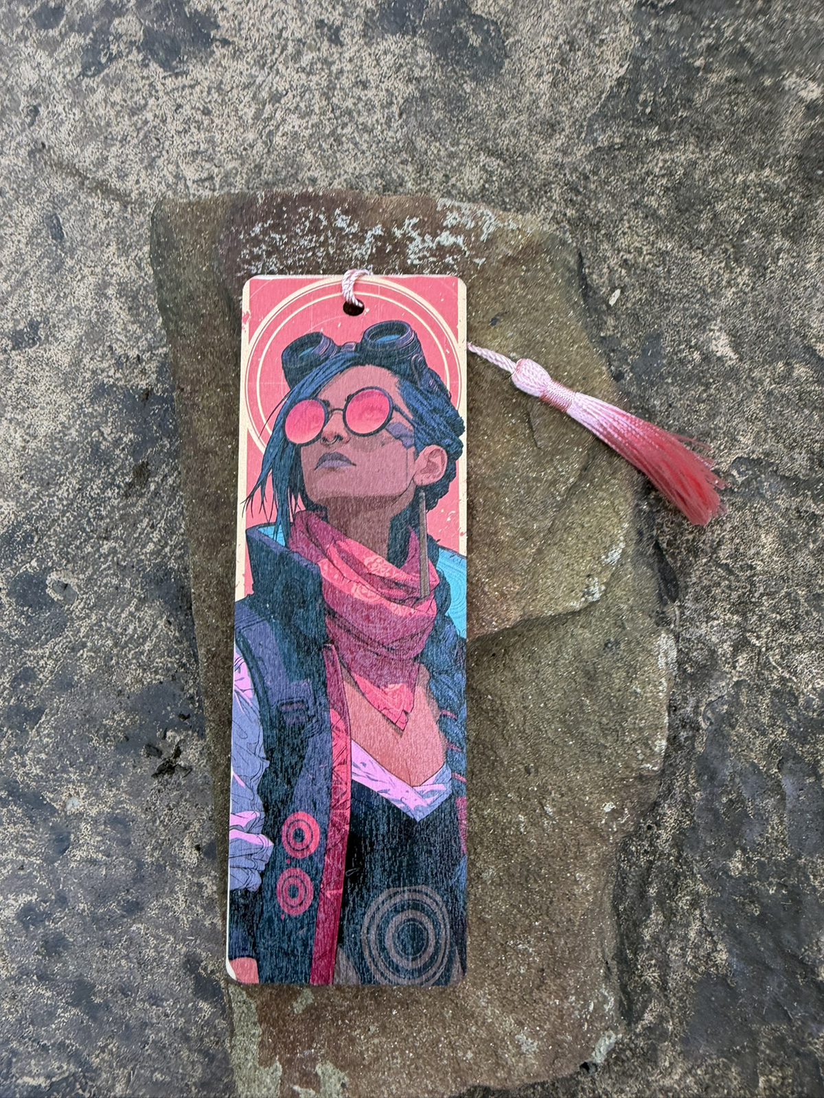 Cyberpunk Wood Bookmark – Double-Sided UV Print with Tassel Cord – Design 04