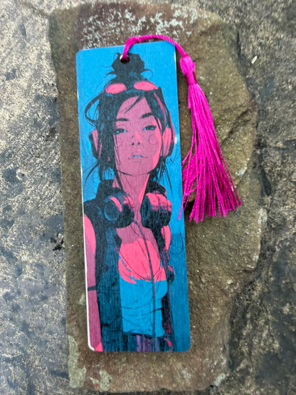 Cyberpunk Wood Bookmark – Double-Sided UV Print with Tassel Cord – Design 05
