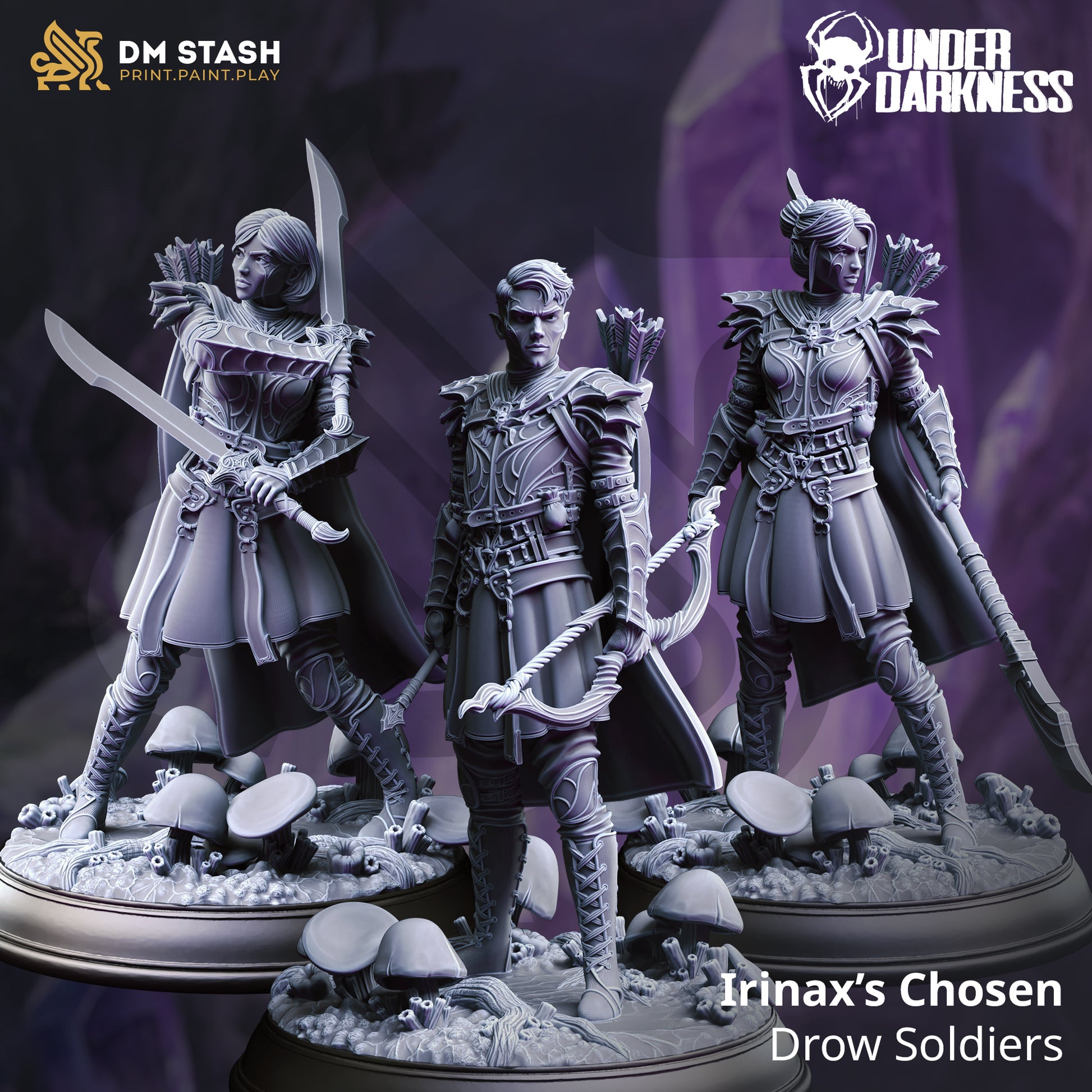 Three warrior figurines on stands with 'DM Stash' and 'Under Daughniss' branding.