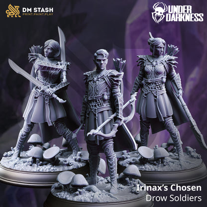 Three warrior figurines on stands with 'DM Stash' and 'Under Daughniss' branding.
