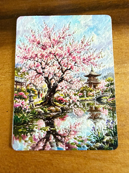 Japanese Cherry Blossom Garden Fridge Magnet | Textured Impasto Art | Lasered Moon