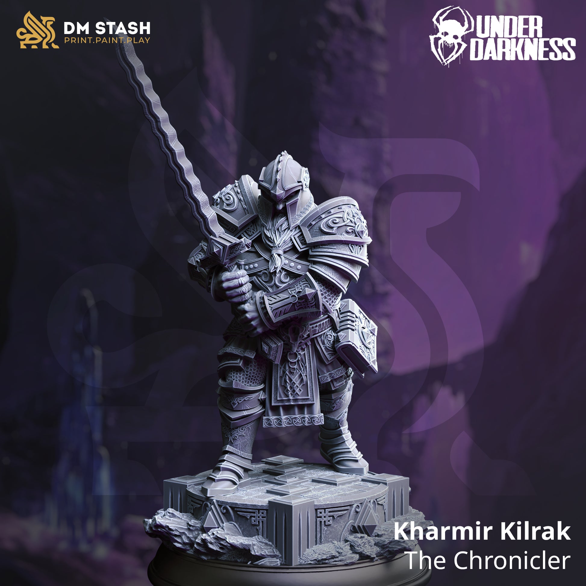 Fantasy figurine of a warrior with armor and sword on a dark background, featuring 'DM Stash' and 'Underdark' logos.