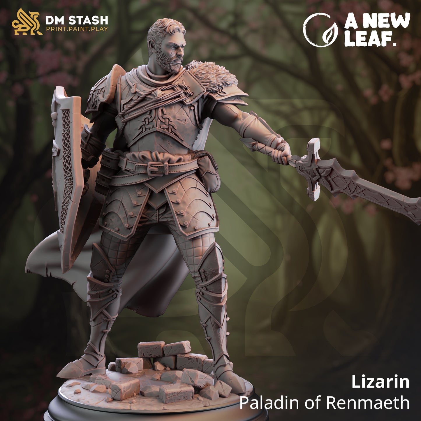Warrior figurine with armor and weapons on a blurred natural background, featuring 'DM Stash' and 'A New Leaf' logos.