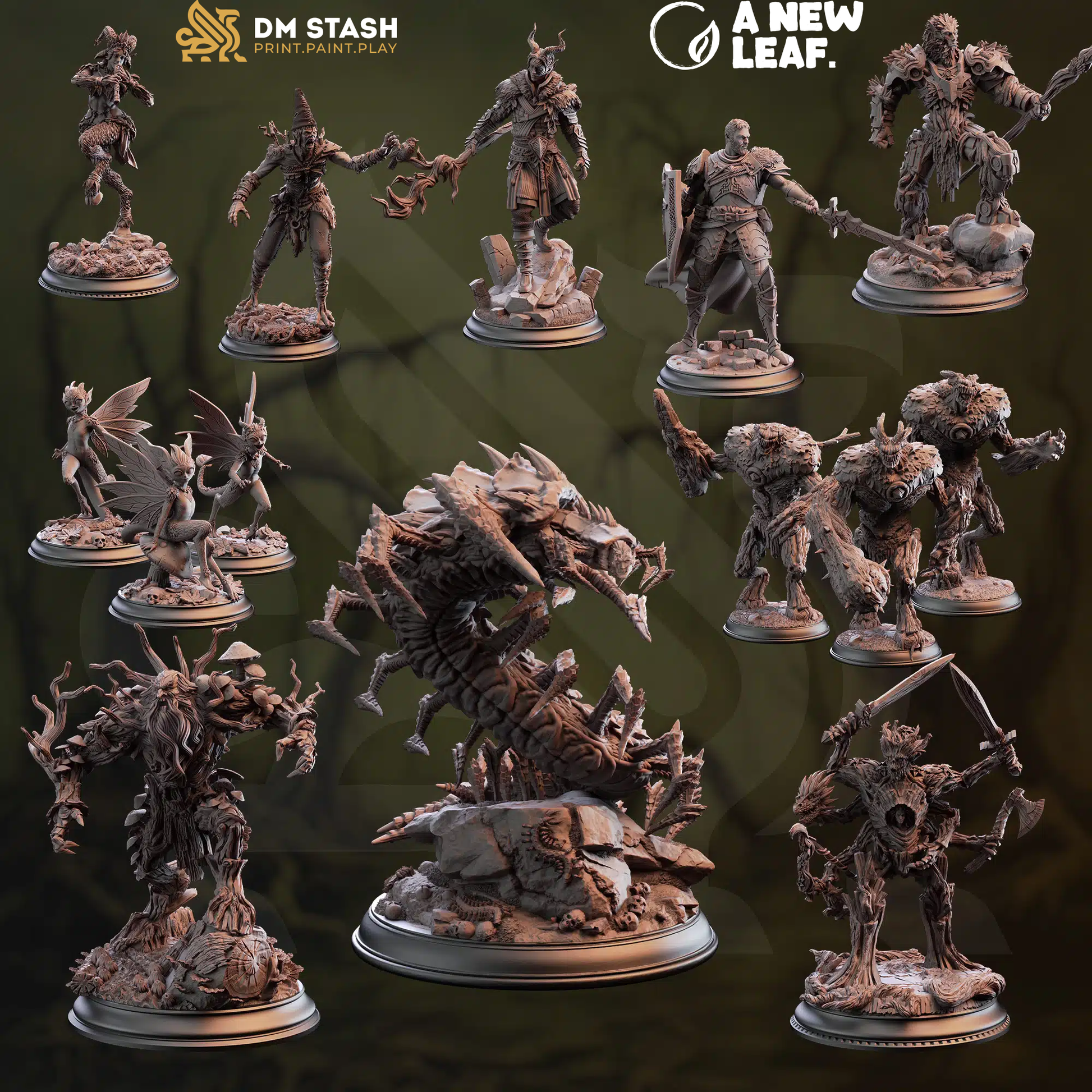 Collection of detailed miniature figurines on a dark background with 'DM Stash' and 'A New Leaf' branding.