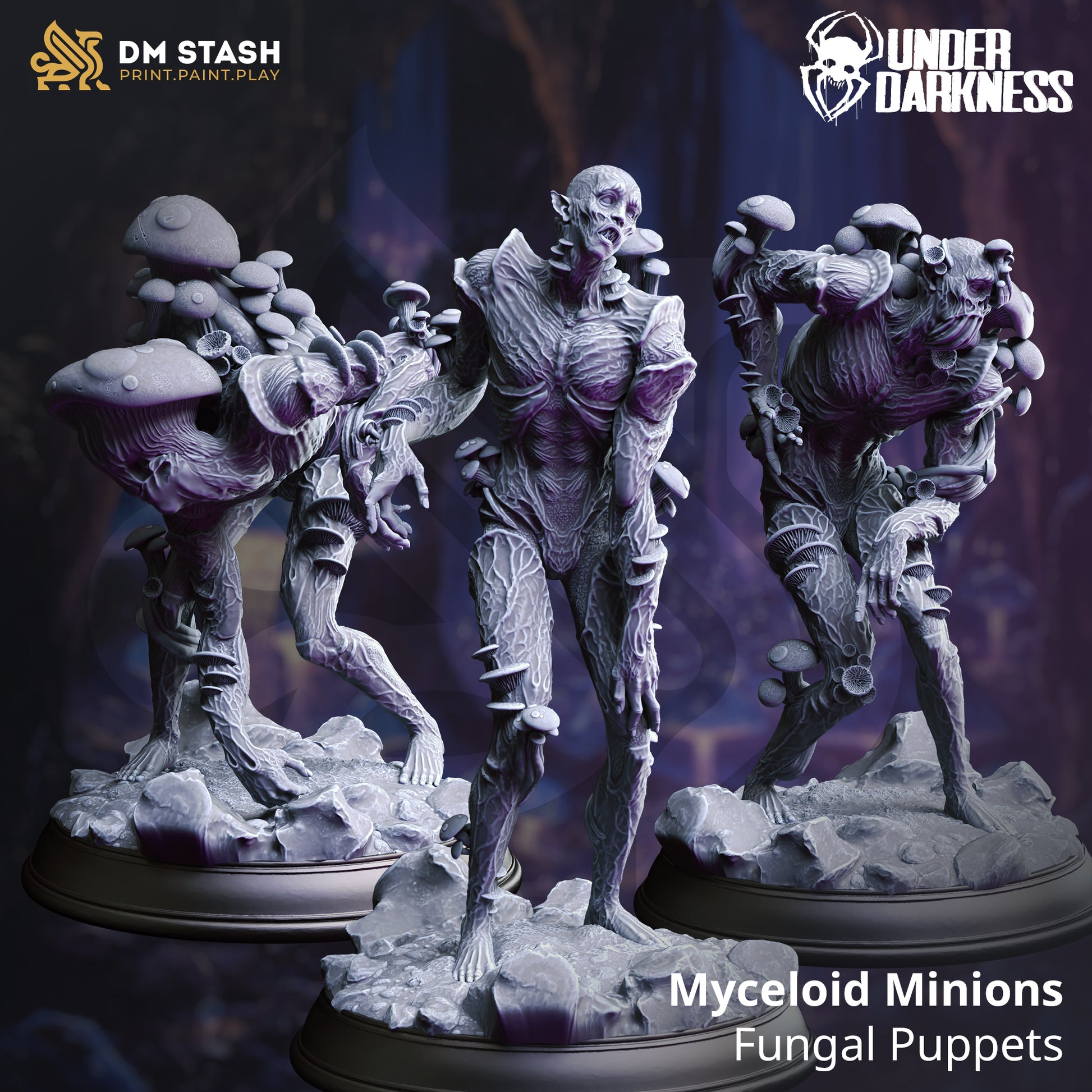 Three Myceloid Minions Fungal Puppets figurines on a dark background with 'Under Daikness' branding.