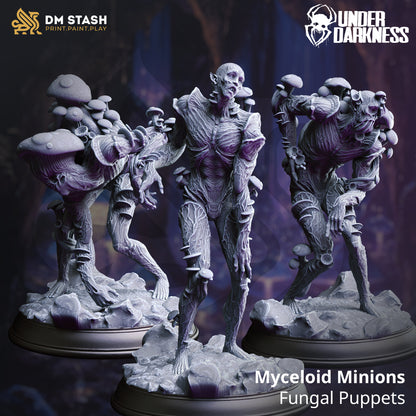 Three Myceloid Minions Fungal Puppets figurines on a dark background with 'Under Daikness' branding.