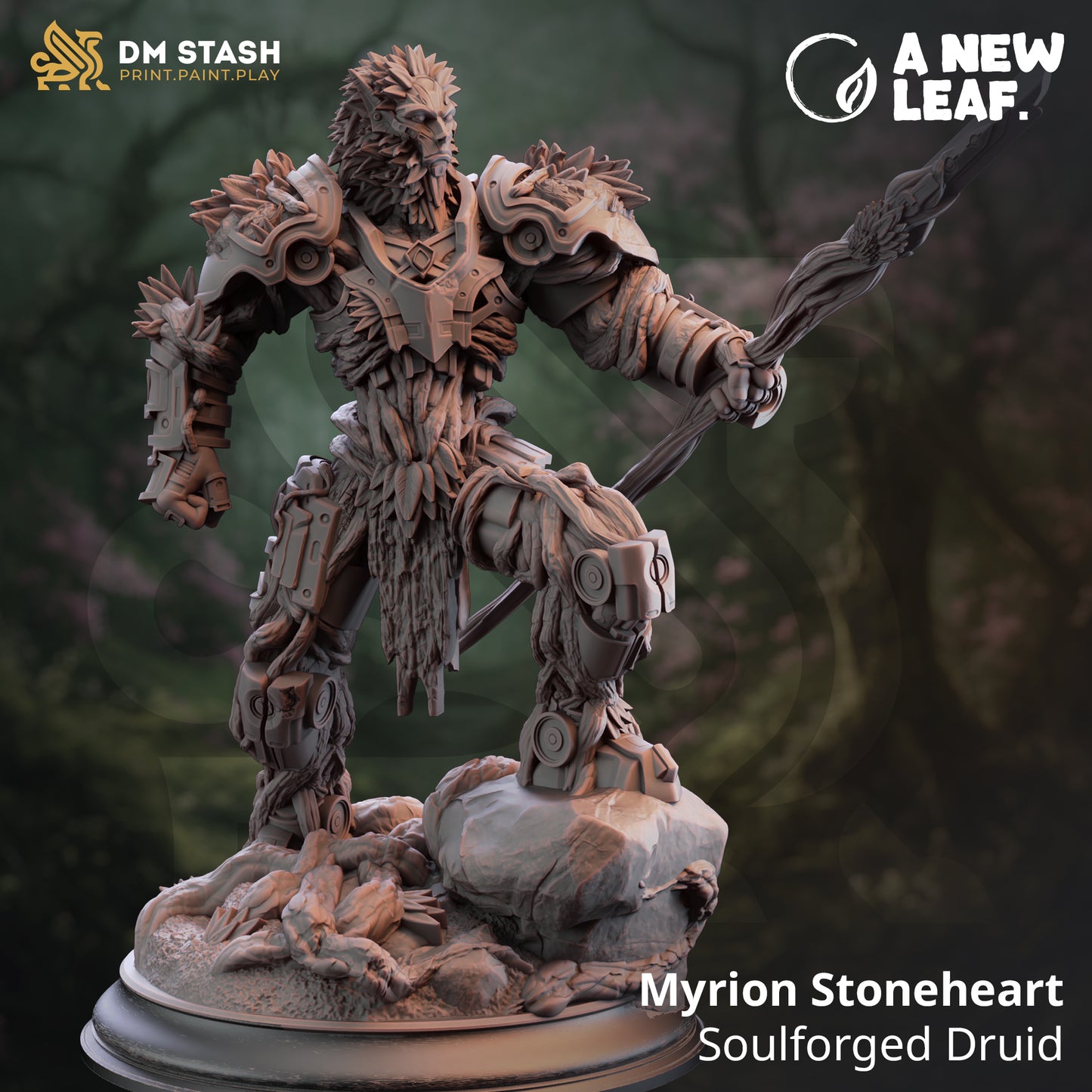 Myrian Stoneheart Soulforged Druid figurine with 'DM Stash' and 'A New Leaf' branding.